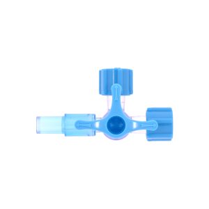 4-way tap with 2 female luer locks and one od 4.1mm rotating adapter tube, standard chemical resistance, ETO sterilisation, blue handle, blue Luer Lock caps