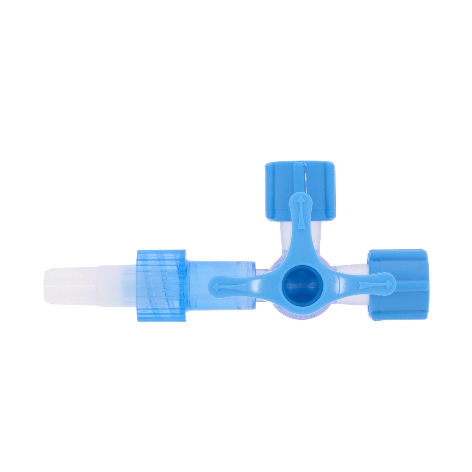 Four-way stopcock, 2 Female Luer Locks, Swivel Male Luer Lock, with rotating handle, standard chemical resistance, ETO sterilisation, handle in blue, blue male plugs and blue luer lock caps