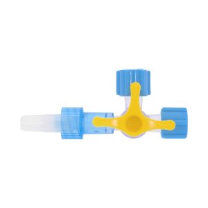 Four-way stopcock, 2 Female Luer Locks, Swivel Male Luer Lock, with rotating handle, standard chemical resistance, ETO sterilisation, handle in yellow, blue male plugs and blue luer lock caps