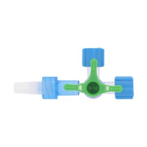 four-way stopcock, 2 Female Luer Locks, Swivel Male Luer Lock, with rotating handle, standard chemical resistance, ETO sterilisation, handle in green, blue male plugs